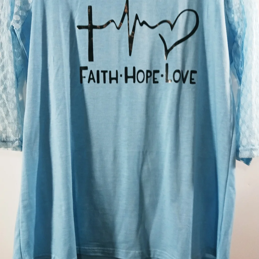 Inspirational Pullover Top XL Blue Faith Hope Love   Women's  3/4 Sleeves Sheer - Picture 4 of 4